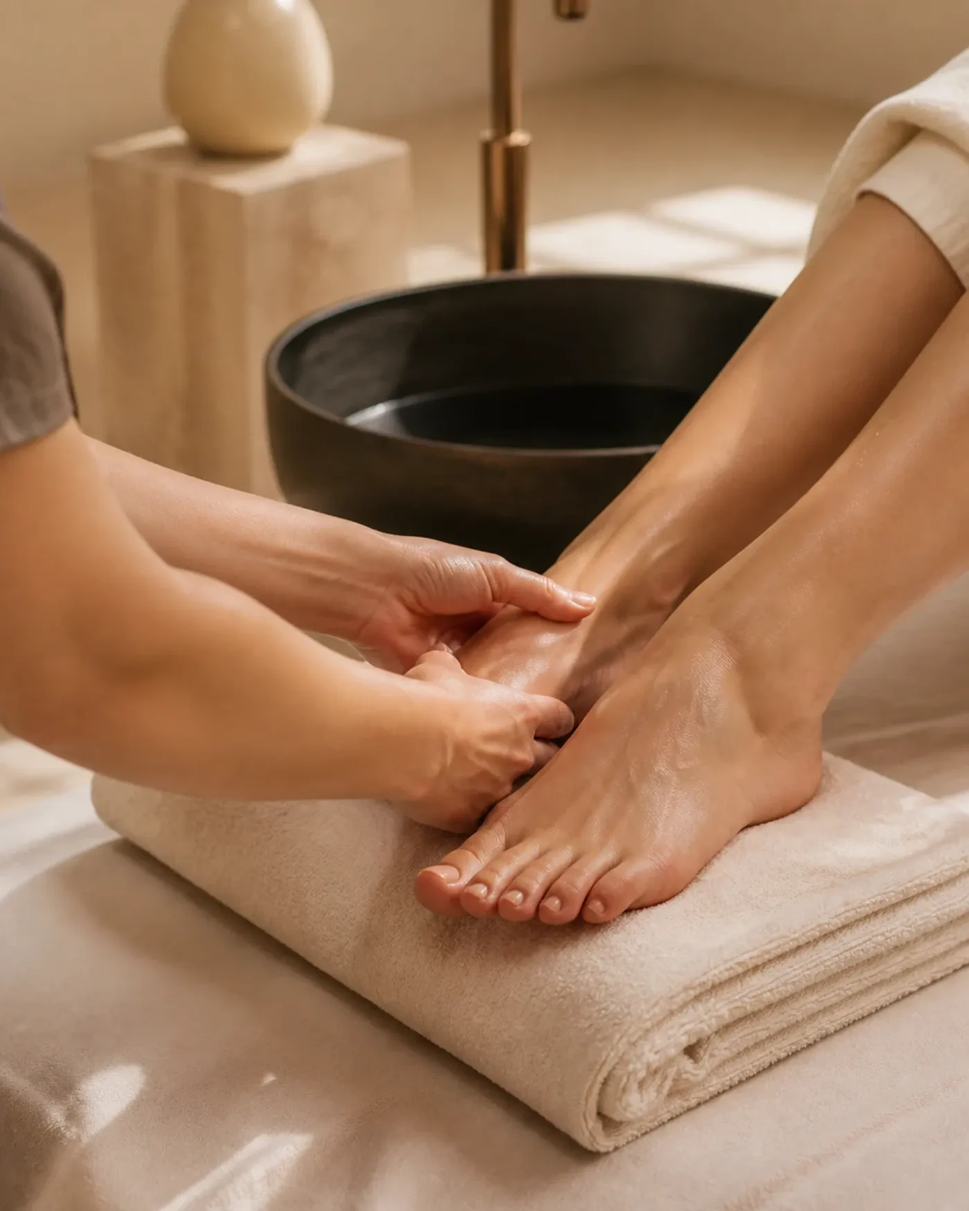 Professionelle Fußmassage mit warmem Handtuch