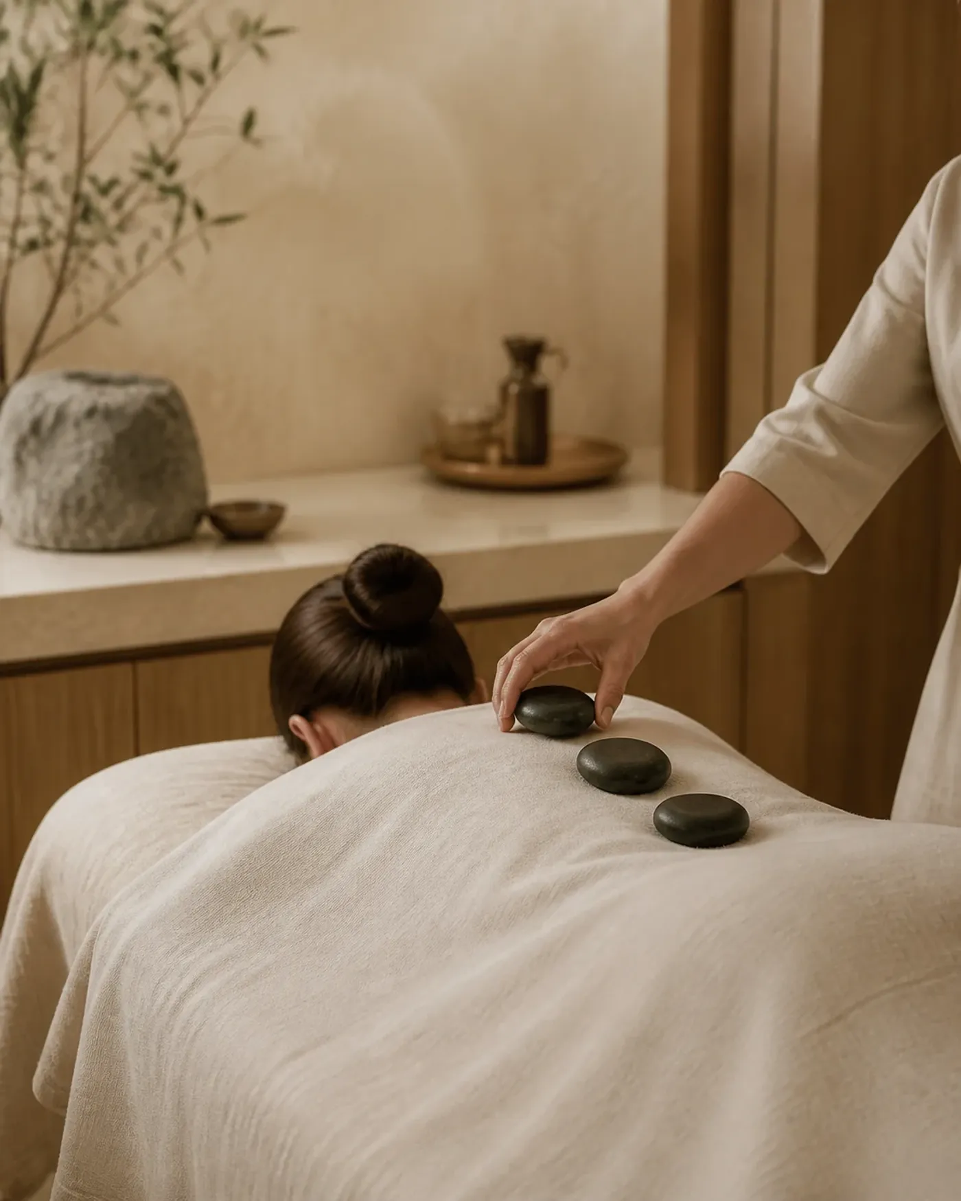 Hot-Stone-Massage mit dunklen Basaltsteinen