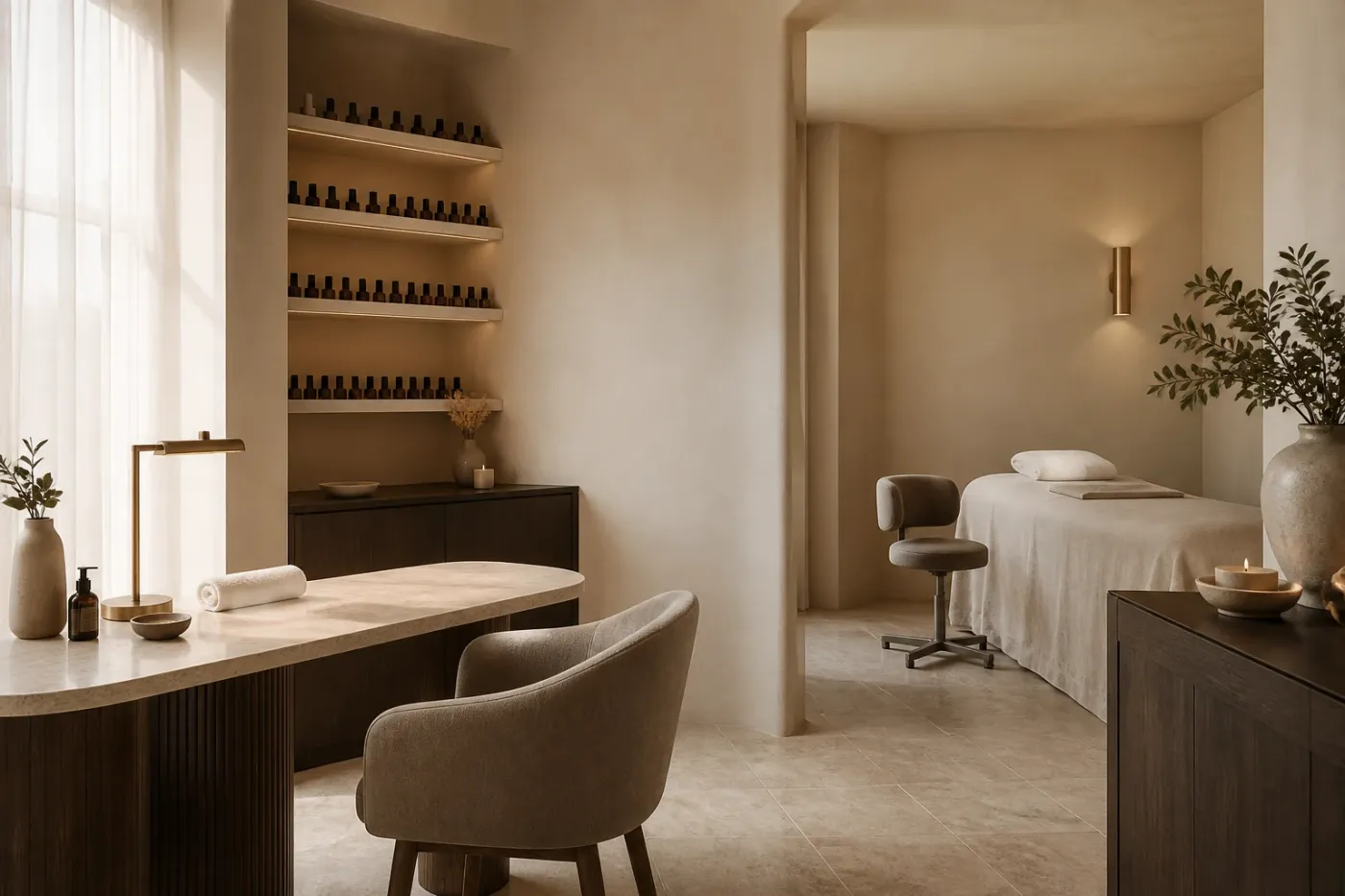 Elegantes Boutique-Beauty-Studio mit warmen Materialien